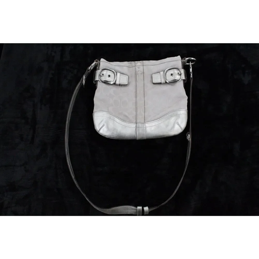 Coach Signature Jacquard Canvas Leather Shoulder Bag F17088 Buckle Silver Y2K